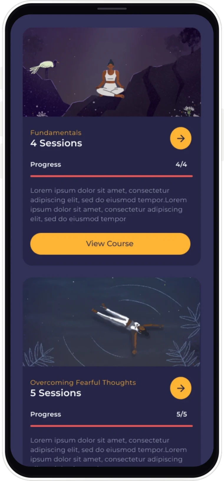 Courses in the app with session counts and progress.