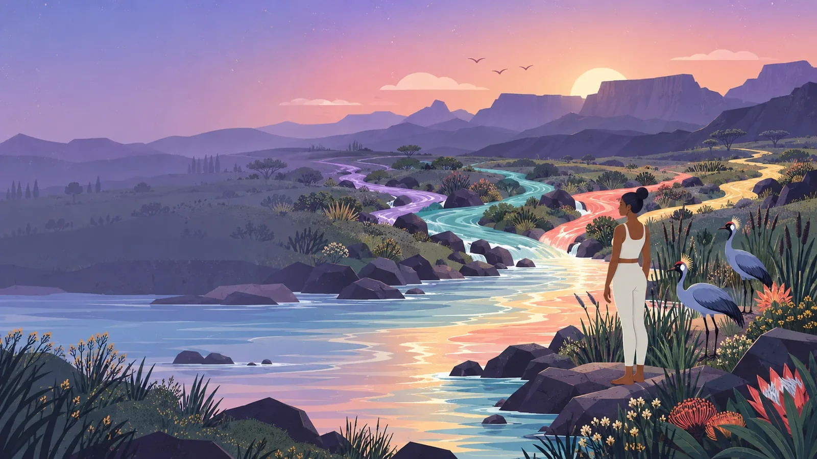 A woman standing on a rock as four coloured streams flow together into one river at sunset.