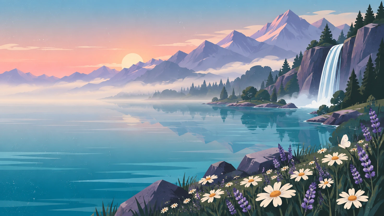 A still mountain lake at dawn with a waterfall, daisies and lavender in the foreground.