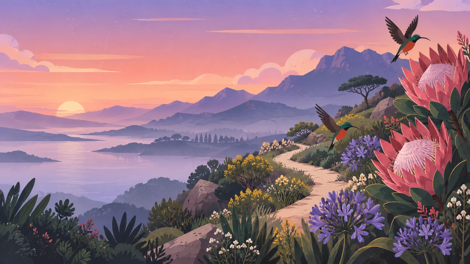A sandy path winding through fynbos and proteas above the sea, with sunbirds in flight at sunset.