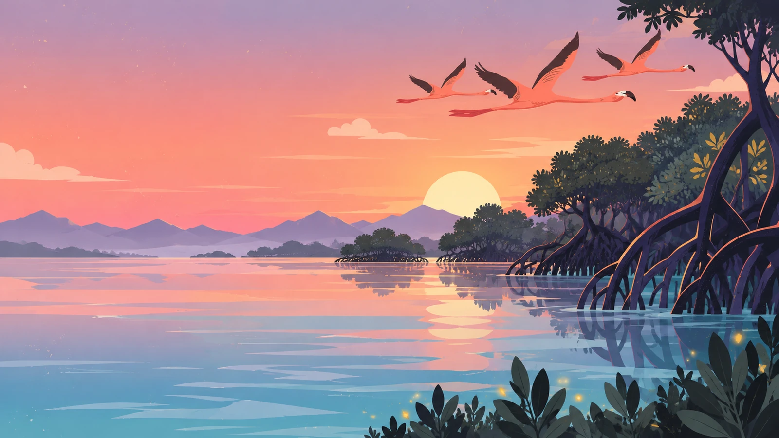 Flamingos flying over a mangrove lagoon at sunset, their reflections on still water below.