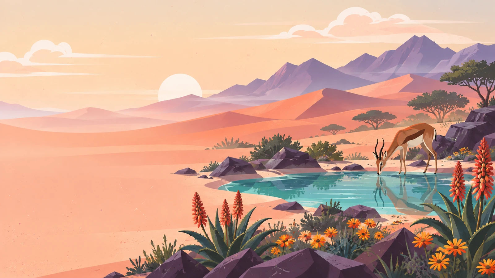 A springbok drinking from a turquoise pool at the edge of desert dunes at sunrise.