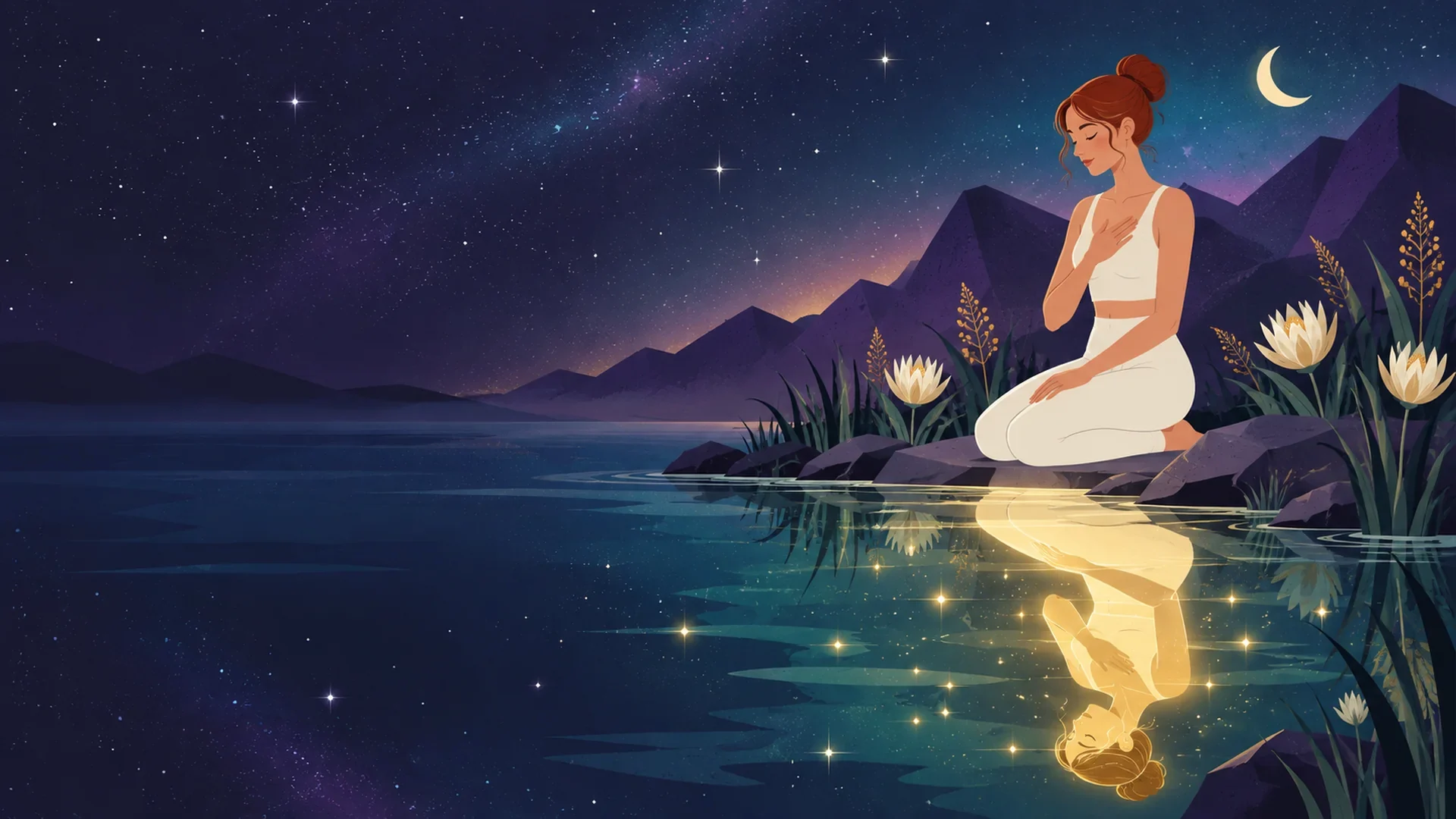 A woman kneeling by a still lake at night with a hand on her heart, her reflection glowing in the water.