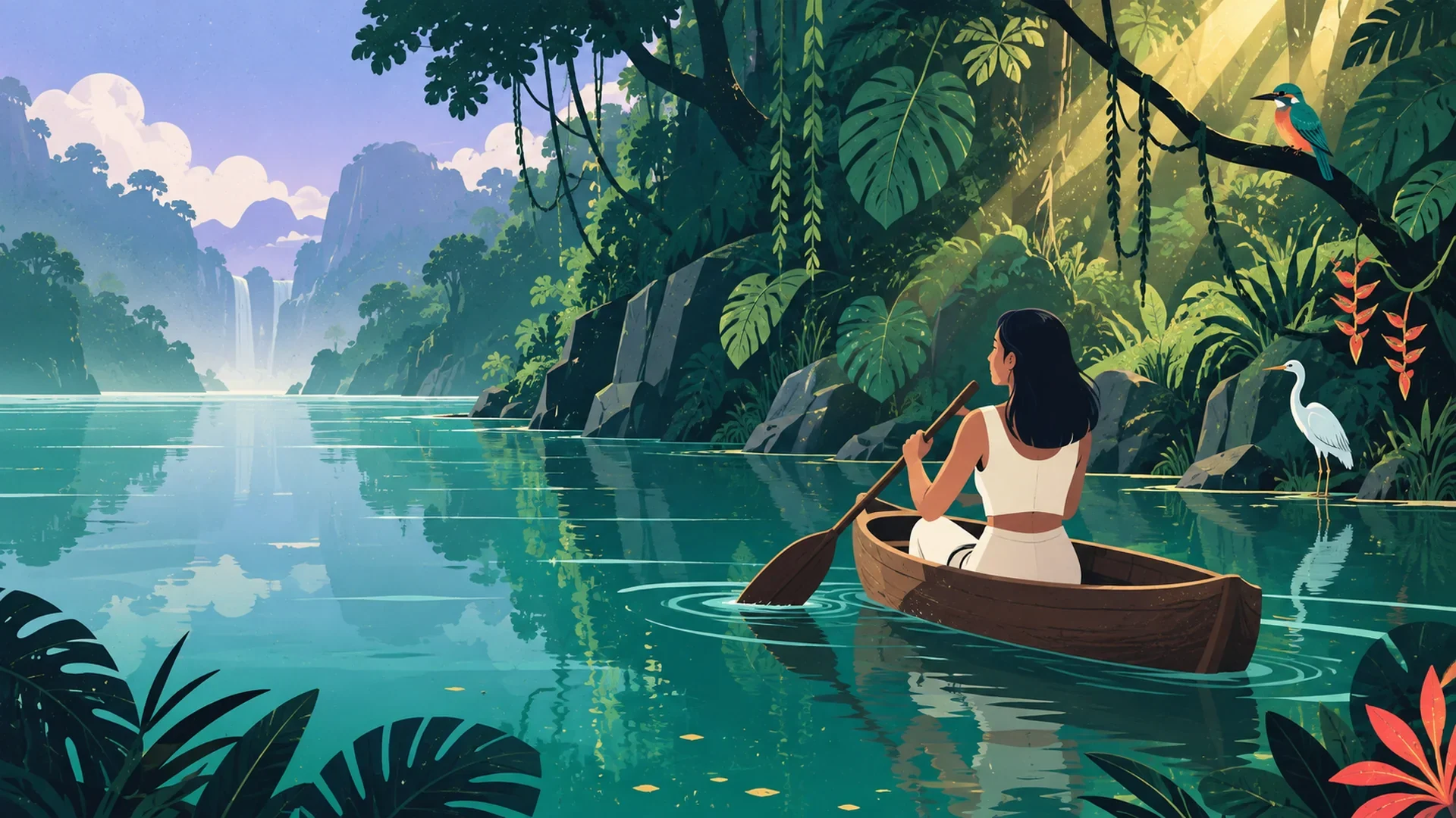 A woman paddling a wooden canoe on a still turquoise river through the jungle.