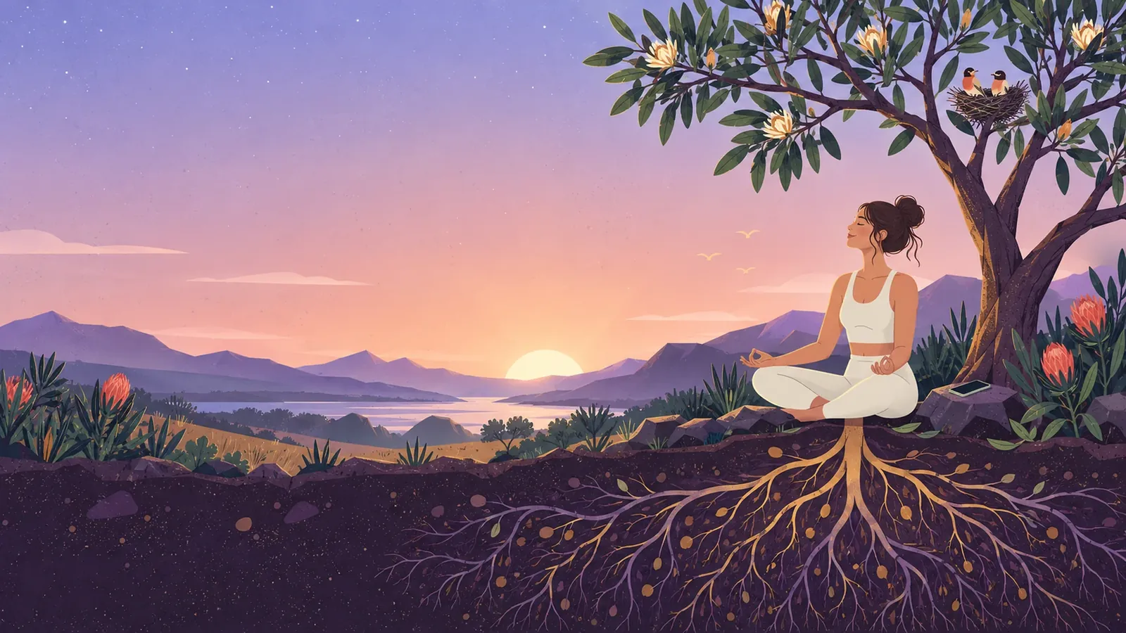 Illustration of a woman meditating beneath a tree, with glowing roots spreading into the earth below her