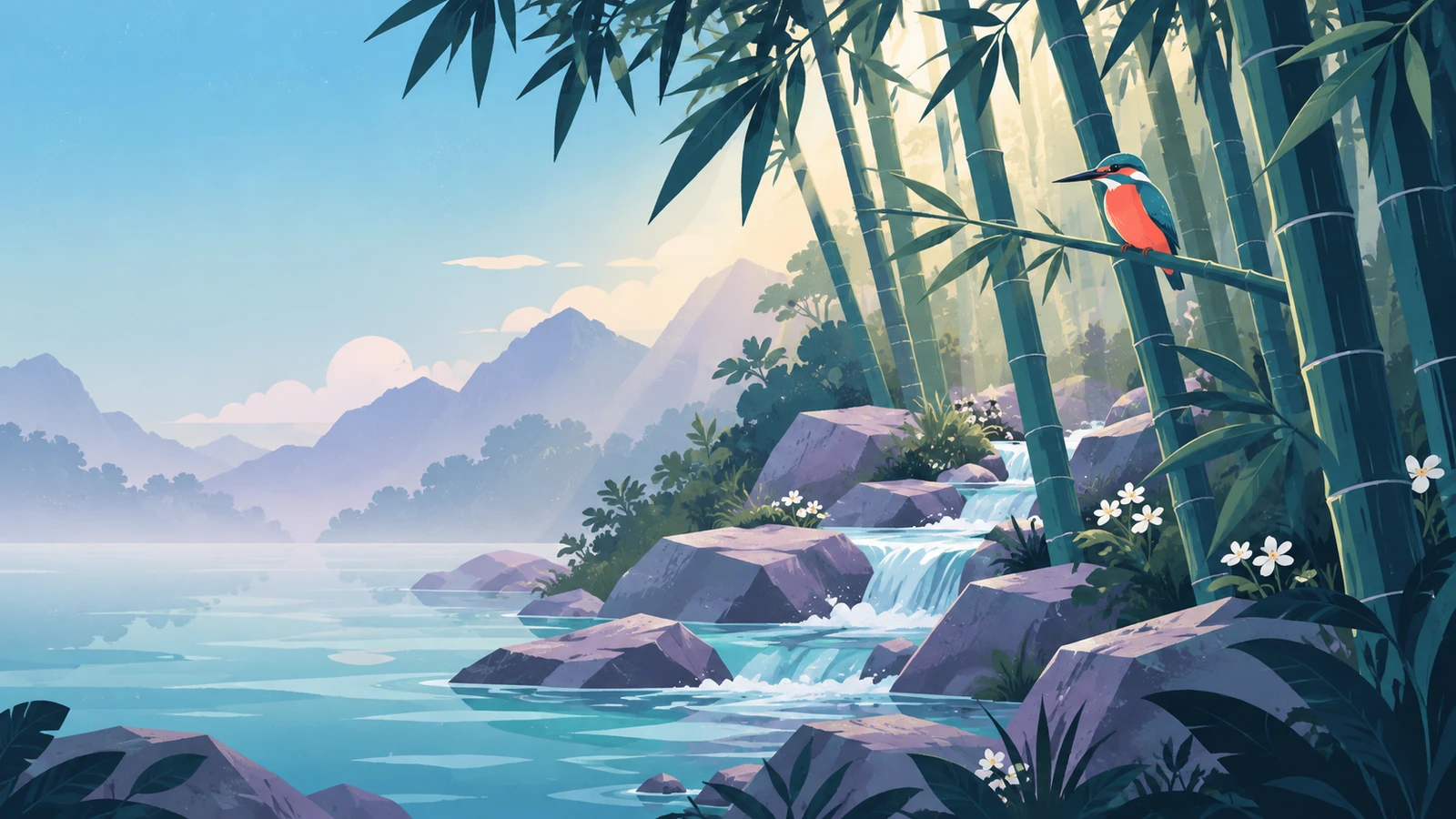 A kingfisher perched on bamboo beside a clear stream and small waterfall in morning light.