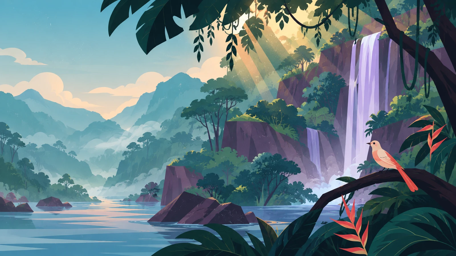 A rainforest waterfall catching morning sun, with a bird resting on a branch above the river.